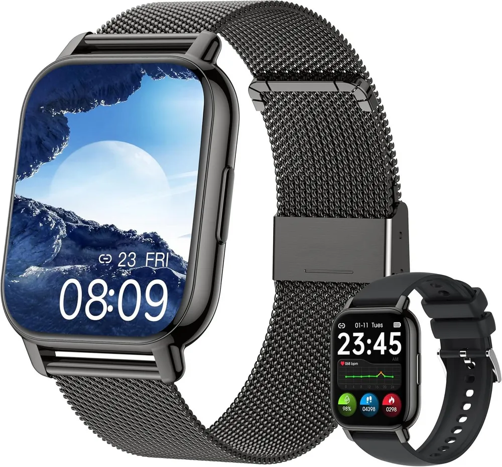 Zevelora Damen's und Herren's Telefonfunktion IP67 Wasserdicht Fitness-Tracker Smartwatch (4,69 cm/1,85 Zoll, Android/iOS), mit austauschbarem weichem Silikonarmband, mit Puls-Schlaf-Monitor Schrittzähler 110+ Sportmodi