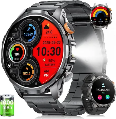 Zevelora Herren Militär, 1000mAH Akku Telefonfunktion, 5 ATM Wasserdicht Smartwatch (1,91 Zoll, Android/iOS), mit LED Taschenlampe 110+ Sportmodi/SpO2/Herzfrequenz/Schlafmonitor