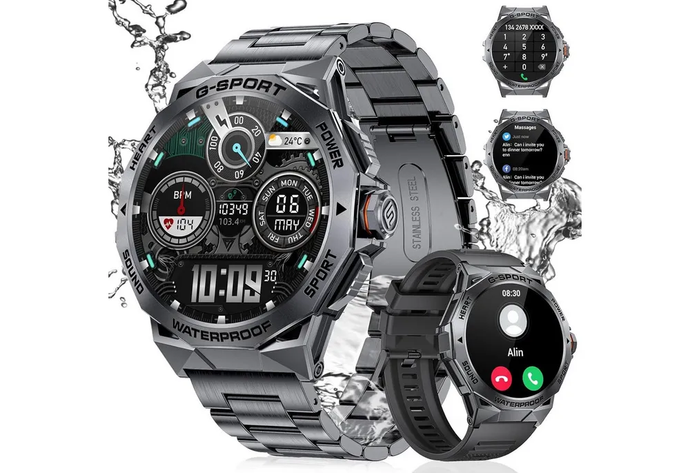 Zevelora Herren's IP68 Wasserdicht Fitnessuhr Tracker AMOLED Display Smartwatch (1.43 Zoll, Android/iOS), mit Pulsmesser Schlafmonitor, 400mAh Akku Smart Watch für Android iOS