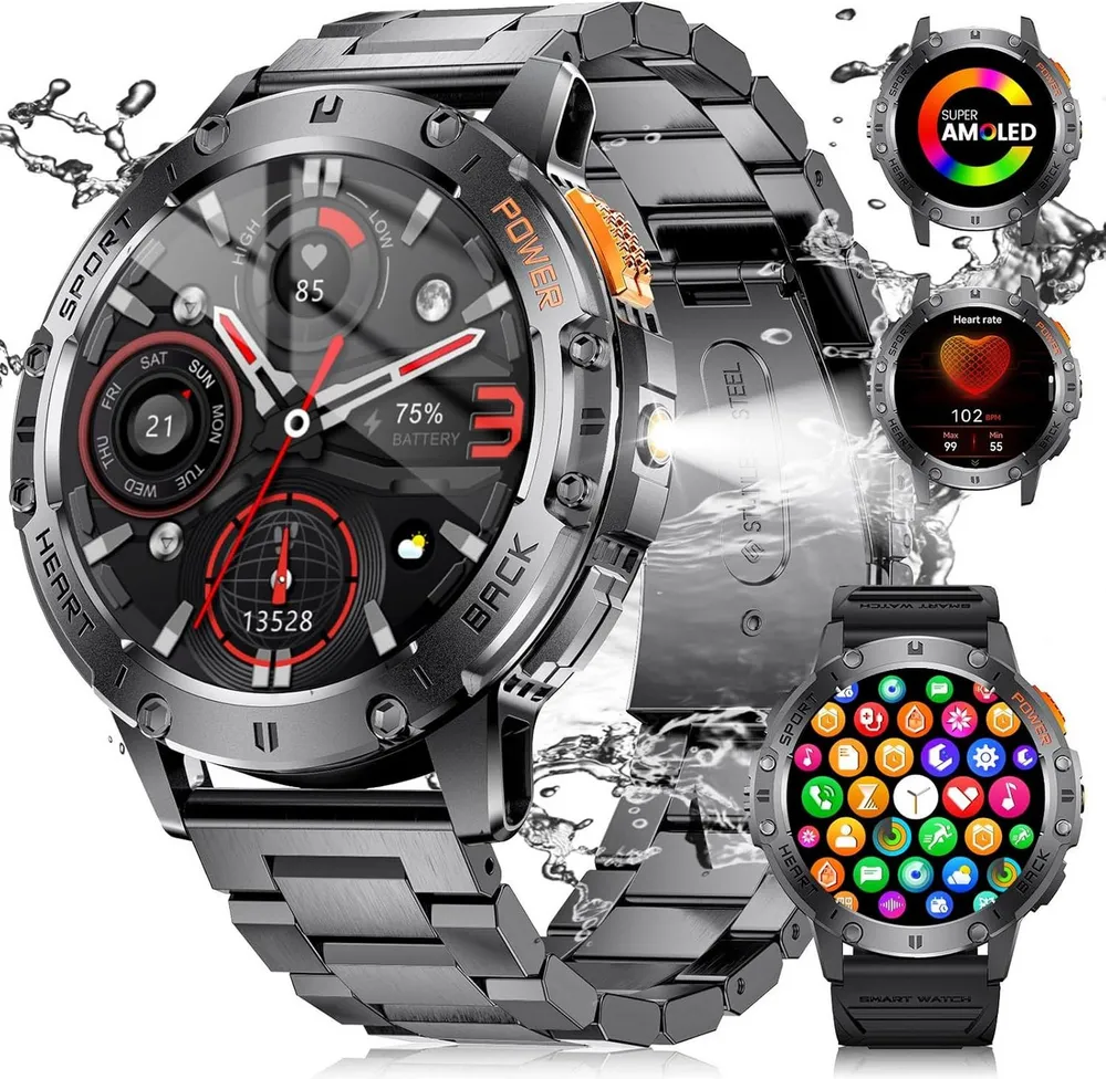 Zevelora Herren's IP68 Wasserdicht Telefonfunktion Smartwatch (1.43 Zoll, Android/iOS), mit LED Taschenlampe Herzfrequenz, 300+ Zifferblätter 110+ Sportmodi