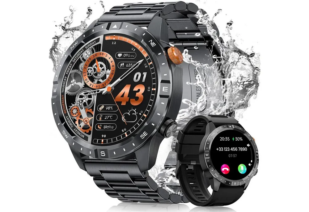 Zevelora Herren's Telefonfunktion Fitness-Tracker Uhr mit Anruffunktion Smartwatch (Fitnessuhr mit Telefonfunktion AMOLED-Display mit 466*466 Pixel, 450mAh, 120+ Sportmodi, IP68 Wasserdicht/Blutsauerstoff/Aktivitätstracker für Android/iOS, Smartwatch Fitness Tracker Uhr, IP68 Wasserdicht, Uhren Watch für Android IOS, Fitnessuhr Tracker mit Pulsmesser Schrittzähler Schlafmonitor Aktivitätstracker cm/1,43 Zoll, Android/iOS), mit austauschbarem weichem Silikonarmband, mit 70+ Sportmodi Herzfrequenz, SpO2 Schlafmonitor Vatertagsgeschenk