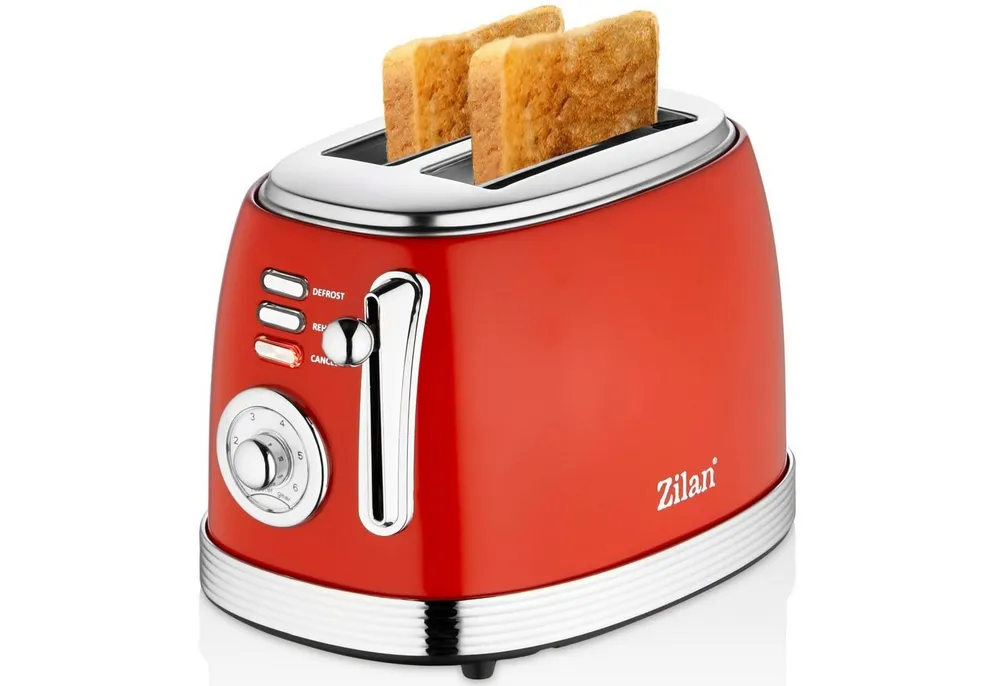 Zilan Toaster ZLN-7040, 2 Schlitze, für 4 Scheiben, 850 W, Rotes Retro-Gehäuse, mit Krümelschublade und Anti-Rutsch-Füßen