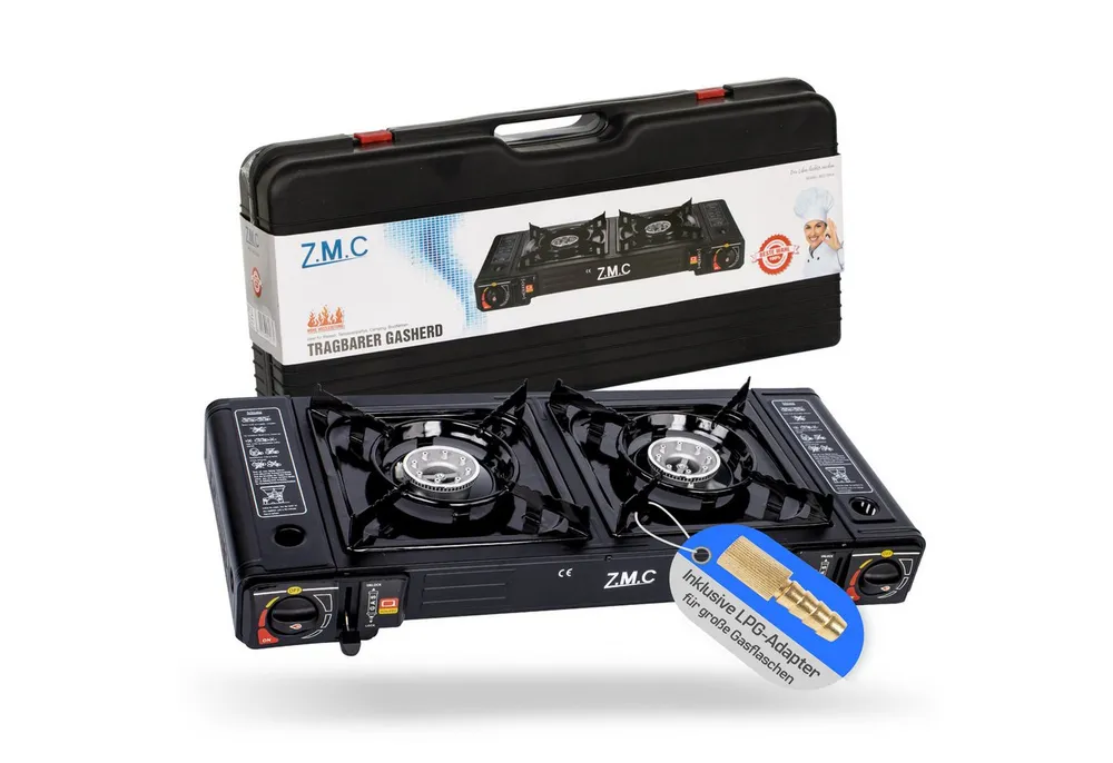 ZMC Gaskocher Doppel Kartuschenkocher 2 flammig Geeignet für Camping Outdoor,Wandern, (automatische Piezo-Zündung Wärmeleistung: 2,3KW, Automatische Piezo-Zündung, Piezo-Zündung), Gaskocher Campingkocher Herd Gasherd Ofen Butan Gas Kochfeld Indoor