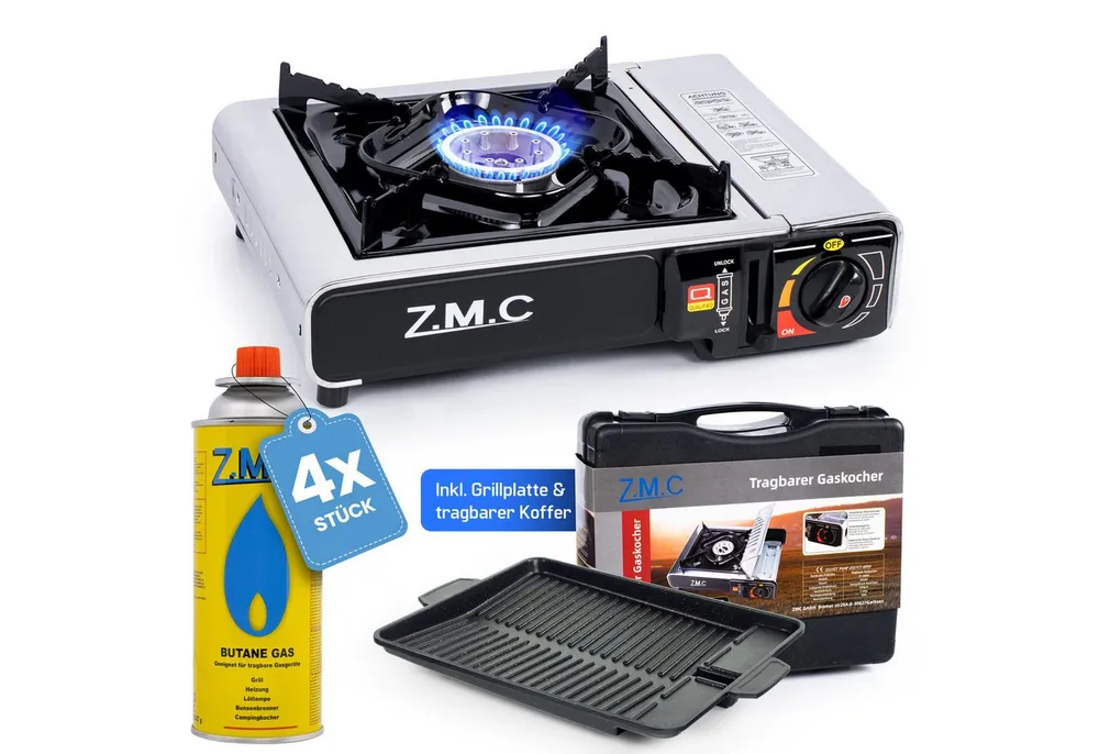 ZMC Gaskocher Edelstahl 1 flammig Campingkocher Gaskocher Grillplatte+4 Gaskartusche, (Grill Platte Tischgrill Doppel Gasbrenner Gasgrill Kochfeld mit Piezozündung Wärmeleistung: 2,2KW, 2,2KW), Butan Gas 227g Gaskocher Outdoor Camping Gas Kocher Herd Butangas