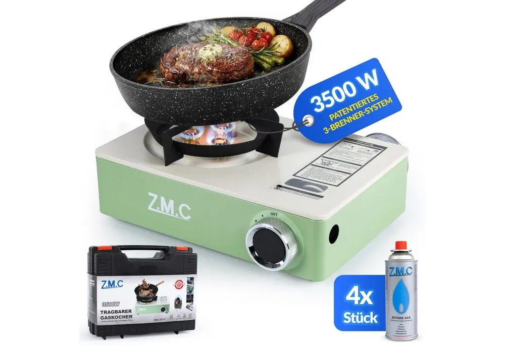 ZMC Gaskocher Gaskocher 1 flammig 3500W mit 3-Brenner-System Inkl. 4x Gaskartuschen, (Campingkocher mit Transportkoffer & Piezo-Zündung, 4-St., kompakt & leicht 1,4 kg, Maße von 29 x 20 x 9 cm), Für Outdoor und indoor, Kocher für Camping & Garten