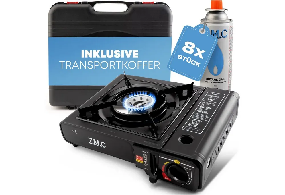 ZMC Gaskocher Otto mit 8x, (Butangas Campingkocher für Innenraum/Outdoor, Campinggaskocher 2,2 kW mit Piezozündung), Kochfeld Herd Gaskocher mit Kartusche, Gaskochfeld für Camping