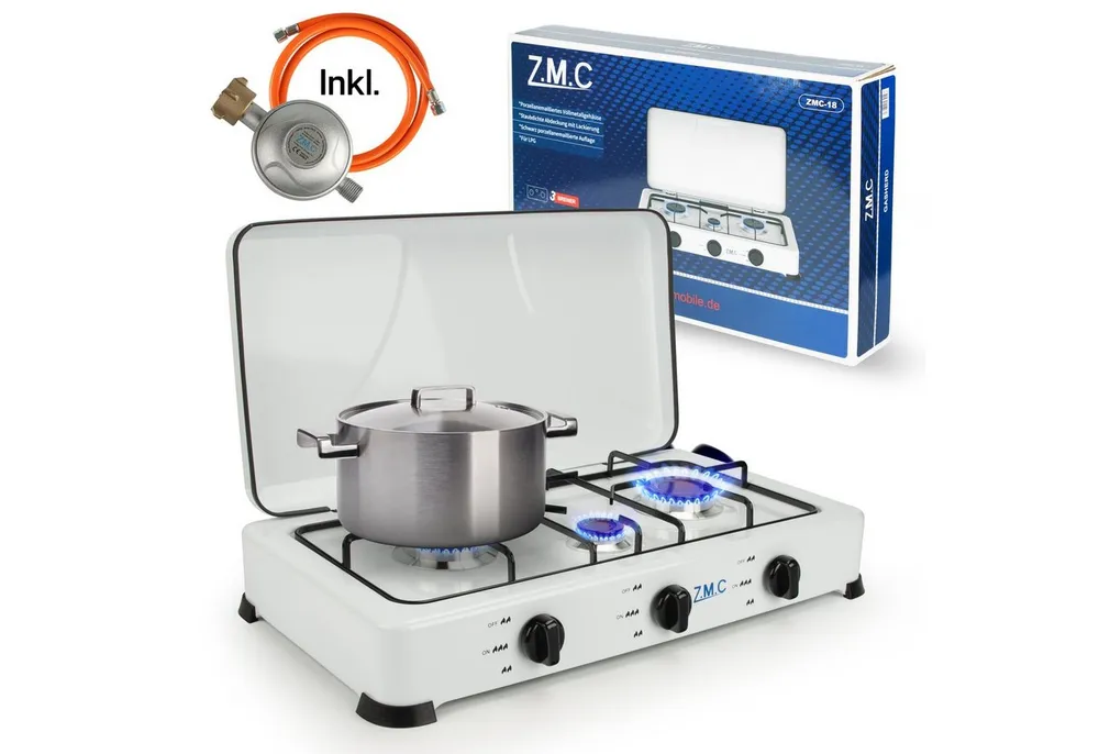 ZMC Gaskocher Tragbarer Gaskocher Campingkocher 3-flammig inkl. Schlauch und Regler, (Gaskocher für Outdoor und indoor), 5,4 kW 50 mBar Outdoor Gasherd Kochfeld Herd Propangas Tischkocher