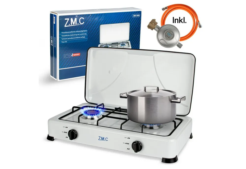 ZMC Gaskocher Tragbarer Gaskocher Campingkocher 2-flammig inkl. Schlauch und Regler, 2,2 kW 50 mBar Outdoor Gasherd Kochfeld Herd Propangas Tischkocher