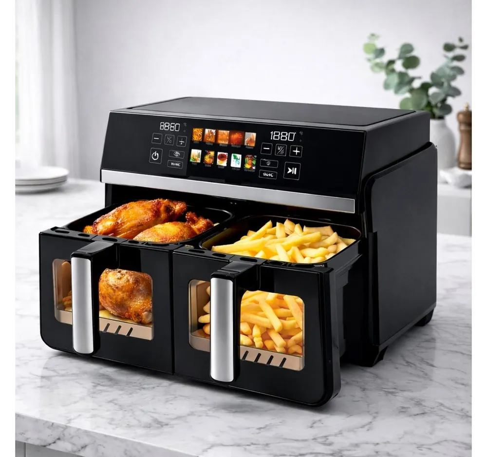 ZMH Heißluftfritteuse 2 Kammern, 10L Airfryer Doppelkammer Einkammer Verstellbar, 2200 W, 10 in 1 Doppelkammer Temperatur Separat Regeln Touchscreen