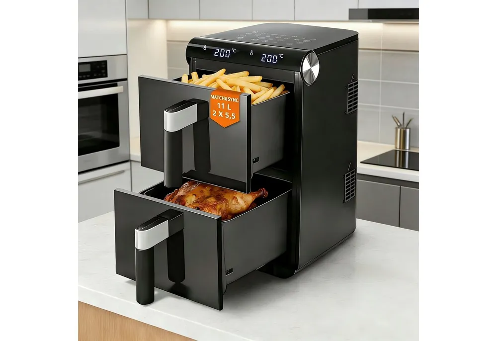 ZMH Heißluftfritteuse XXL Doppelkammer Airfryer 11L mit 13 Kochprogramme Dual Zone, 2800 W, 2 x 5,5L Heissluftfritteuse mit Sichtfenster, Touchdisplay, Ohne ÖL