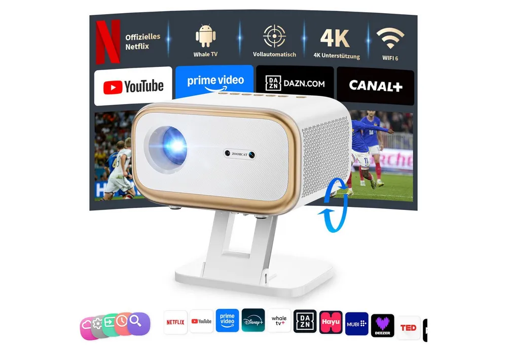 ZOOMCAT Beamer 4K Heimkino Mit Netflix Zertifizierung (Autofokus)Mit Ständer Beamer (25000 lm, 25000 : 1, 3840x2160 px, Auto Fokus, Auto Trapezkorrektur, Auto Hindernisvermeidung)
