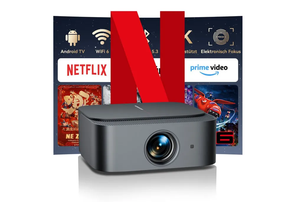 ZOOMCAT ZOOMCAT E1 Beamer 4K Mit Netflix Zertifizierung Beamer (25000 lm, 25000 : 1, 3840x2160, 1920x1080 px, Elektrische Fokussierung, 4D 4P elektronische Trapezkorrektur)